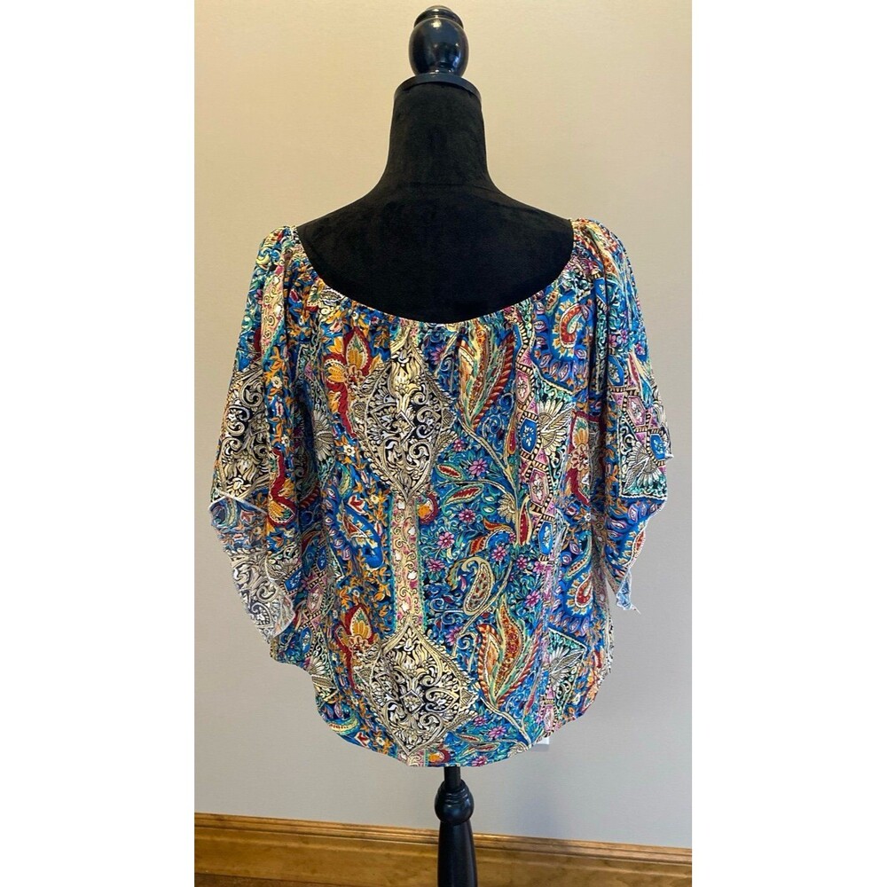 Paisley Blouse Size Large Off or On Shoulder Deep Blue Pink Elastic Neckline Top - Picture 7 of 11